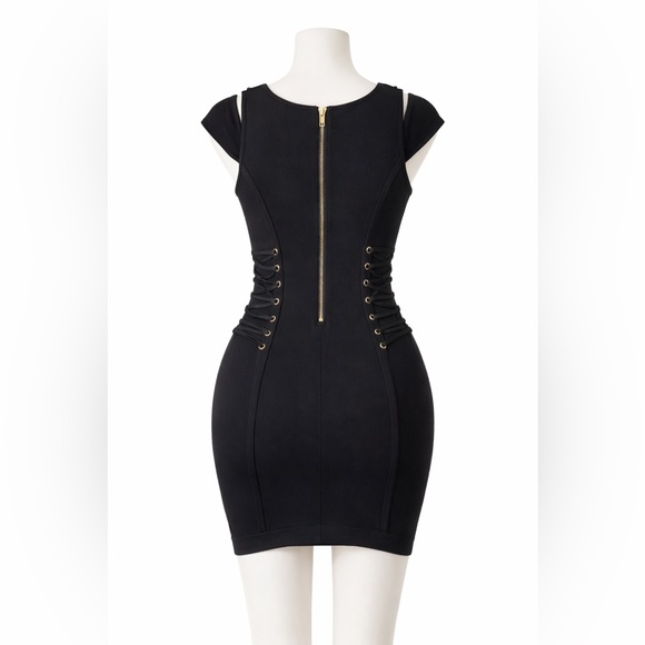 Bebe Black Corset Lace Up Bandage Mini Dress Gold Zipper Size S - Picture 2 of 6